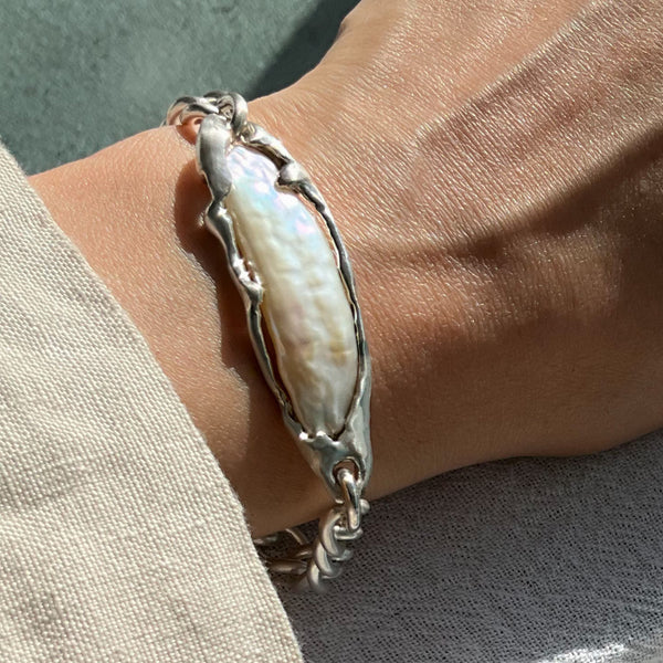 Freshwater Pearl ID Bracelet in Silver
